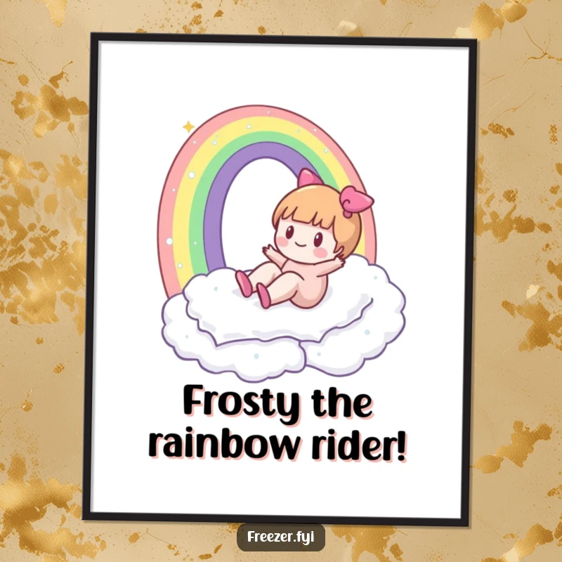 Funny Free Printable Wall Art: A character gleefully navigating a rainbow made of frost, bringing whimsical, cool vibes to any room.
