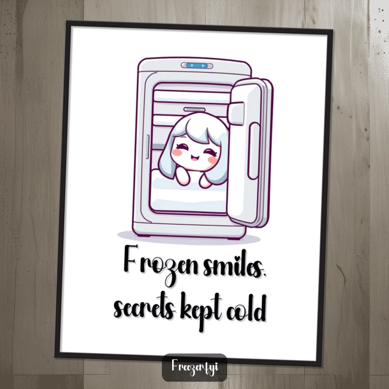 Funny free printable wall art: a character peeking out of an open freezer door, captured mid-giggle.