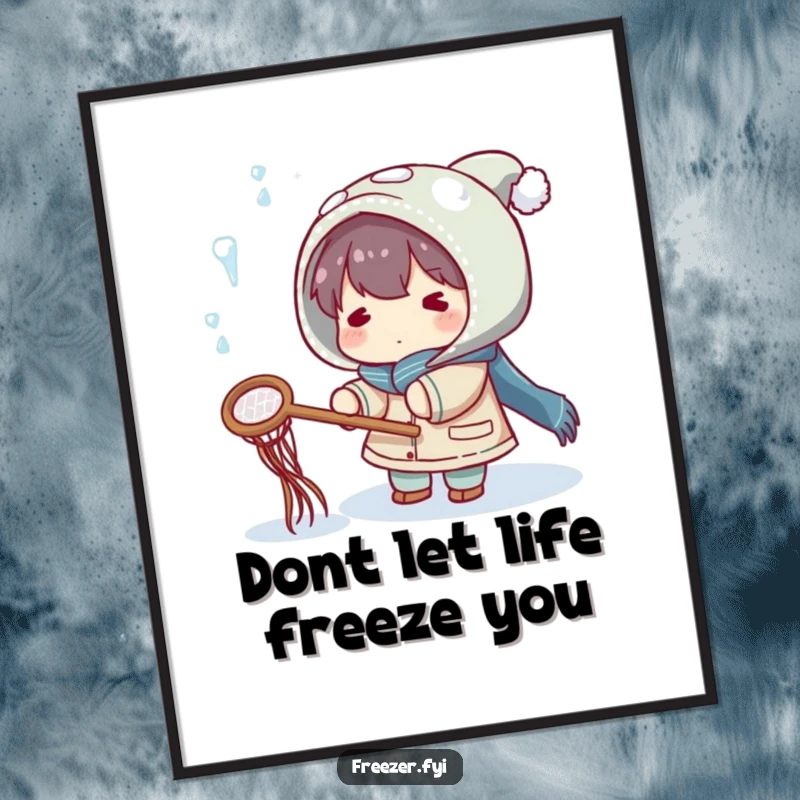 Funny Free Printable Wall Art: Character Playfully Using a Net to Catch Falling Icicles, Whimsical Winter Scene