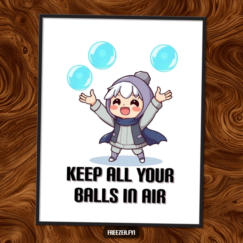 Funny Free Printable Wall Art: character excitedly juggles three glowing ice orbs, a magical and whimsical downloadable art piece.