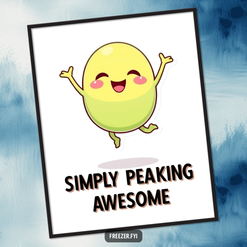 Funny Free Printable Wall Art: Cheerful pea pod character executing a dynamic, silly jump with pure joy, ready for display.
