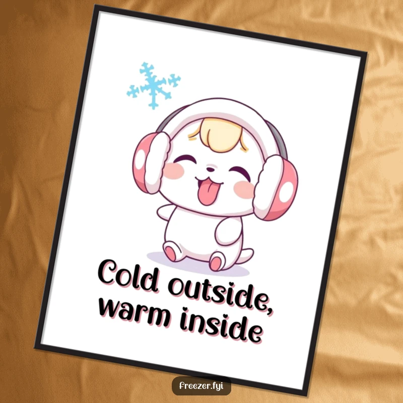 Funny Free Printable Wall Art: Cute character in earmuffs playfully sticking tongue out at a swirling snowflake. Cheeky winter decor.