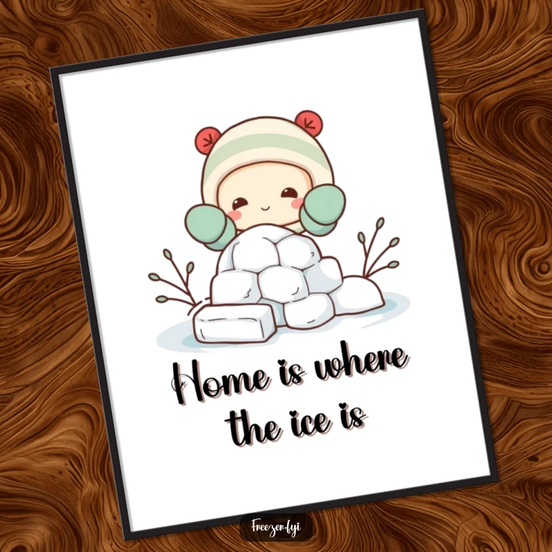 Funny Free Printable Wall Art of a character in mittens building a miniature igloo, a whimsical and humorous downloadable art piece.