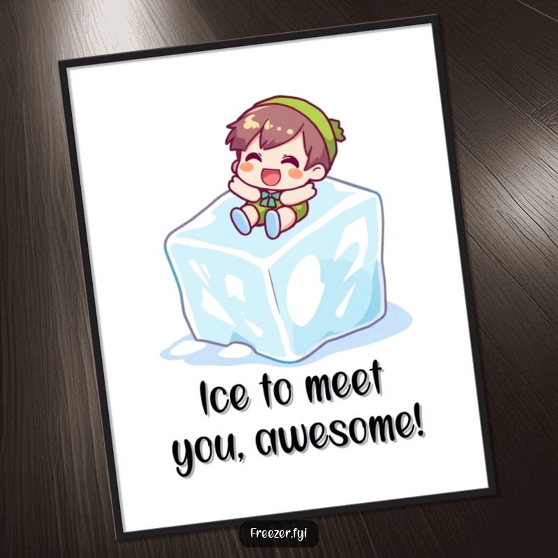 Funny Free Printable Wall Art: Character gleefully slides down a giant ice cube, a humorous and cool downloadable piece.
