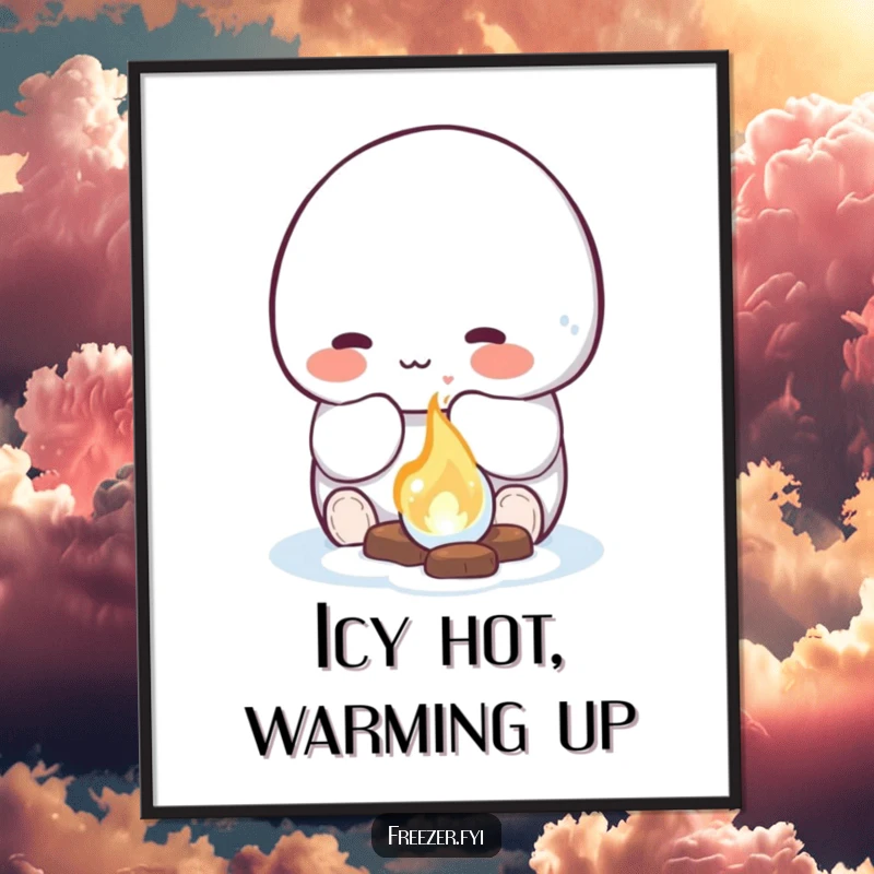 Funny Free Printable Wall Art of a character warming hands by a tiny glowing ice fire, a cozy and whimsical downloadable art piece.