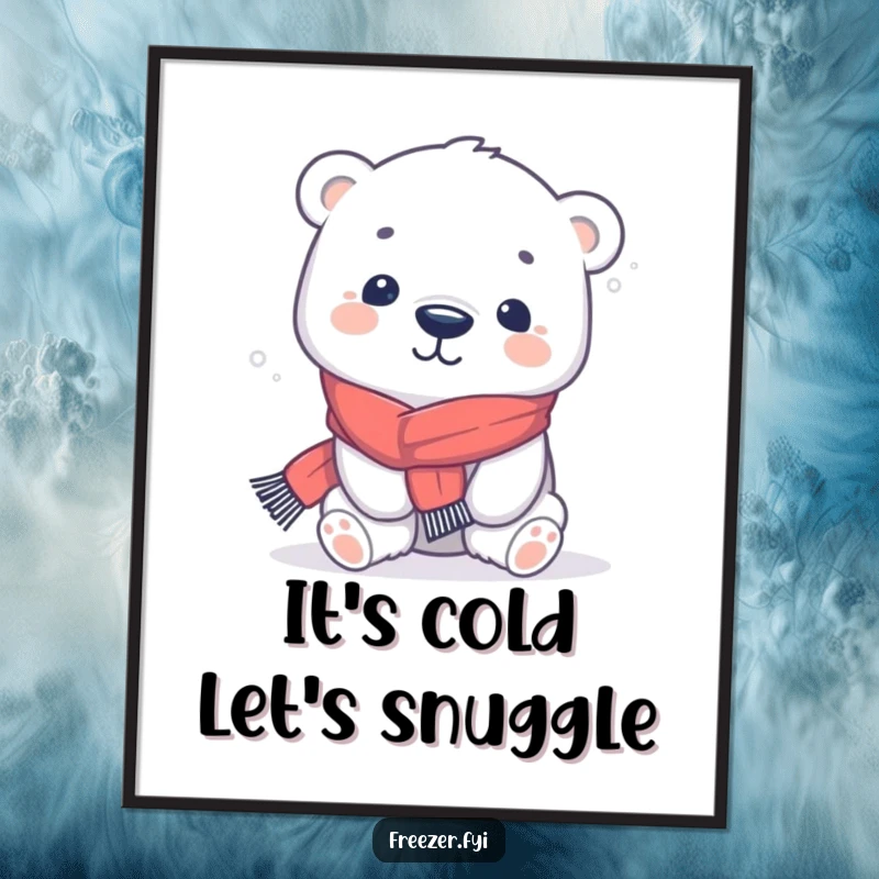 Funny Free Printable Wall Art of a kawaii polar bear wearing a scarf, shivering playfully.