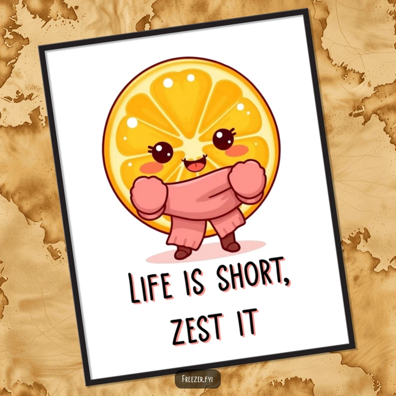 Funny Free Printable Wall Art: A joyful orange slice character wearing mittens and a scarf, looking delightfully cozy.