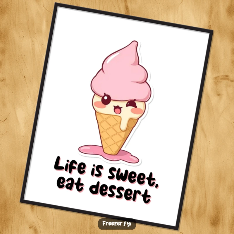 Funny Free Printable Wall Art of a cute, bewildered ice cream cone character melting slightly with surprise.