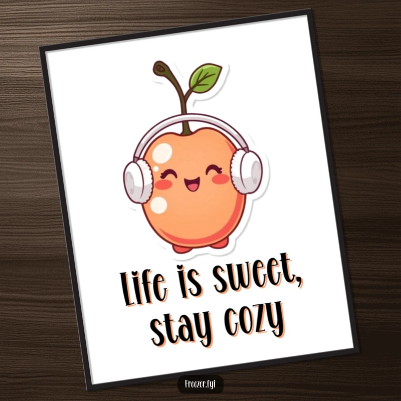 Funny Free Printable Wall Art: A tiny cherry character sporting miniature earmuffs, looking content and pleased, perfect for cozy decor.
