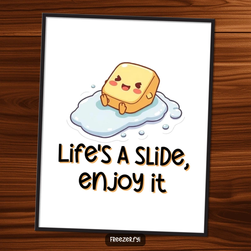 Funny Free Printable Wall Art of a tiny butter pat character joyfully sliding down a frosty, icy surface.