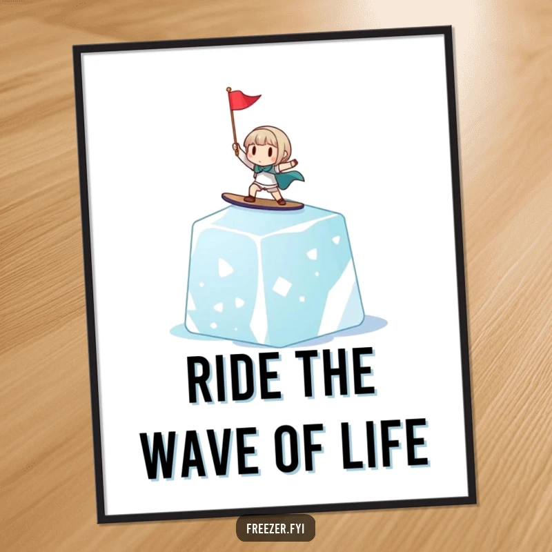 Funny Free Printable Wall Art of a character surfing a giant ice cube, holding a tiny flag, a cool and quirky downloadable art piece.