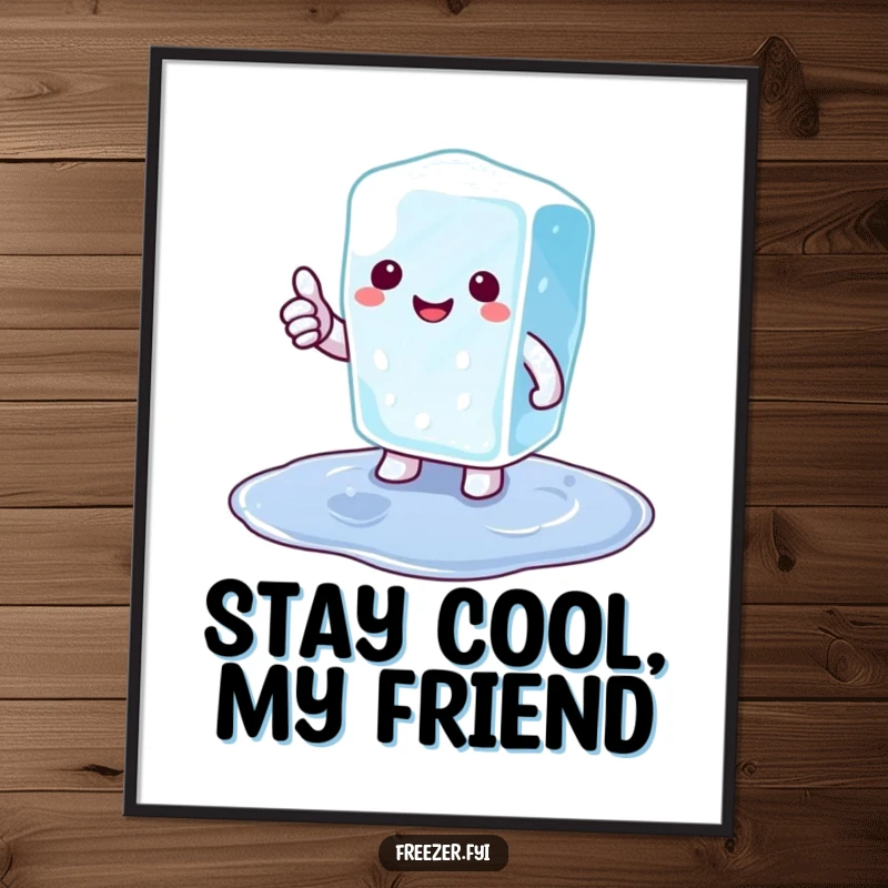 Funny Free Printable Wall Art of a happy ice cube character giving a thumbs up from a small puddle.