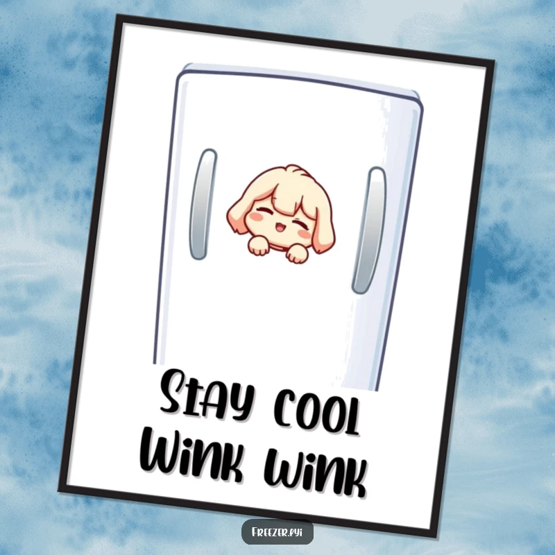Funny Free Printable Wall Art: Small character peeking from a freezer door, giving a mischievous wink, hinting at cool secrets within.