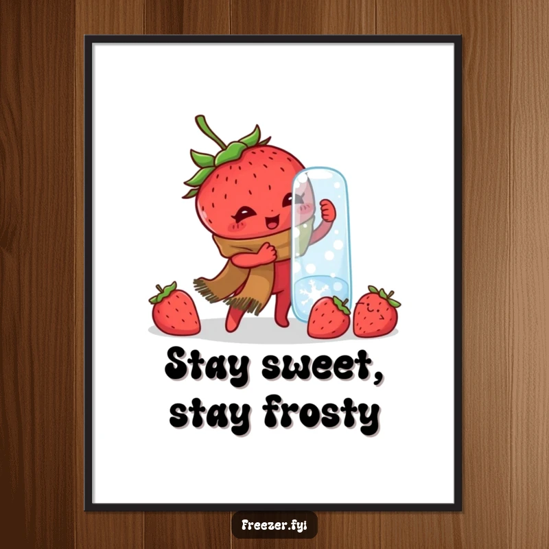Funny Free Printable Wall Art: A small strawberry bundled in a scarf battles a large frozen jar with effort