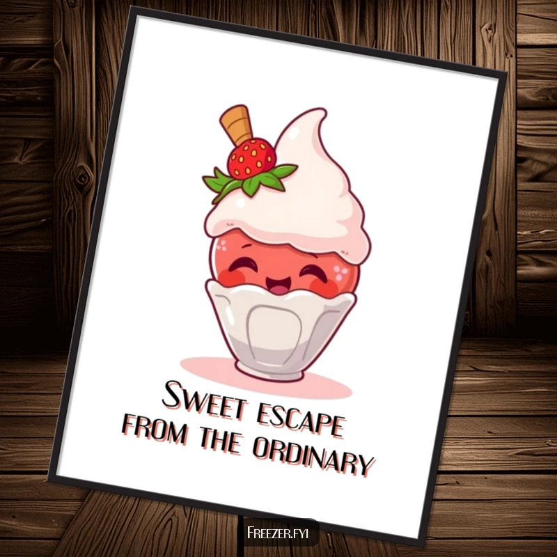 Funny Free Printable Wall Art: A giggling strawberry character makes a comical escape from a giant ice cream scoop.