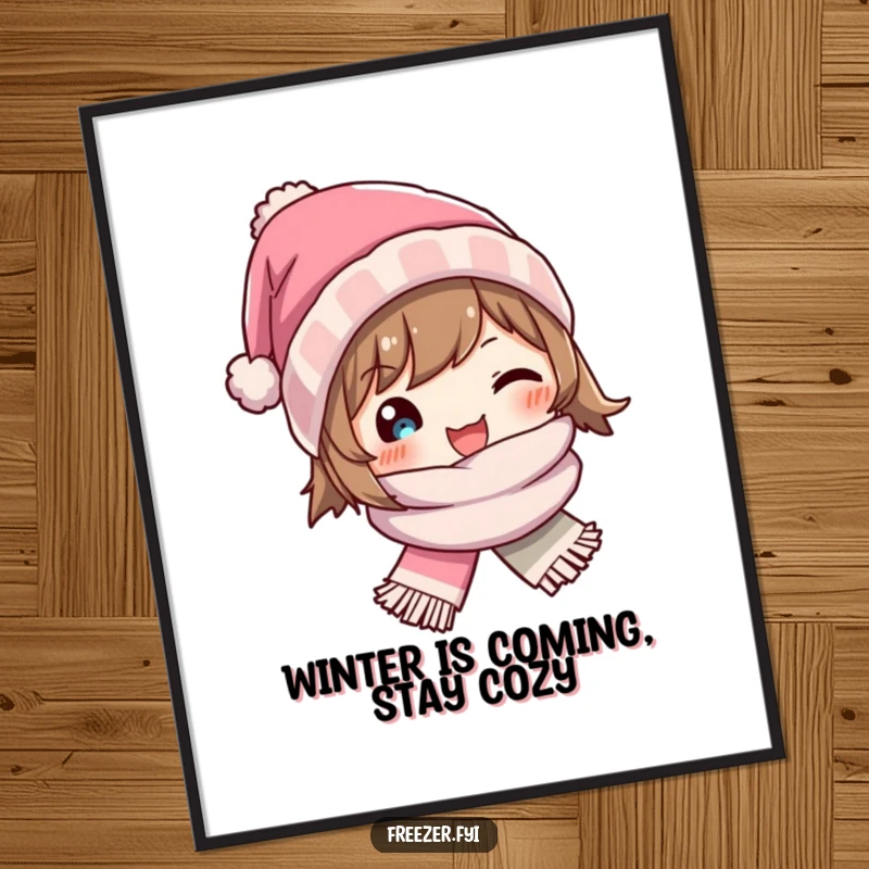 Funny Free Printable Winter Hat Wall Art: A character beaming with joy wears a small, cute winter hat and scarf. Art print.