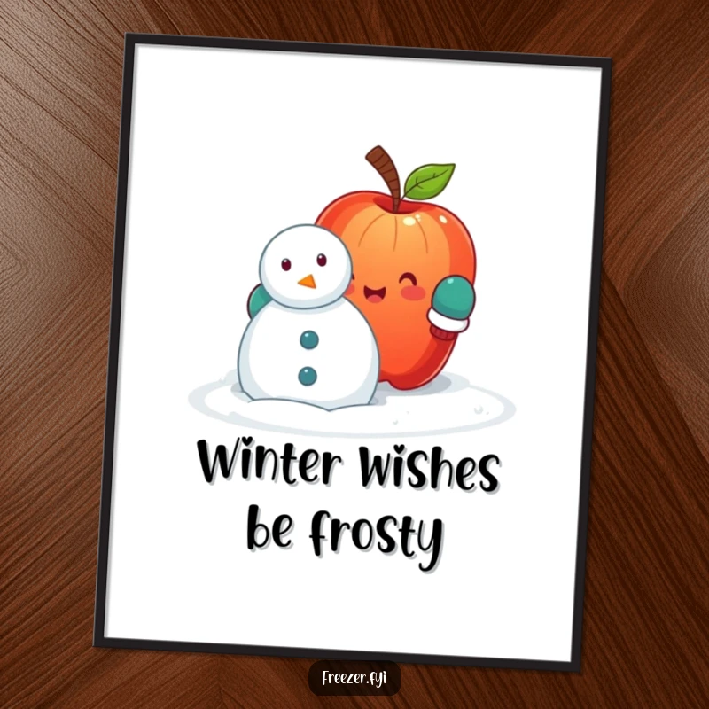 Funny Free Printable Wall Art: Whimsical apple with tiny mittens humorously attempts snowman building outdoors