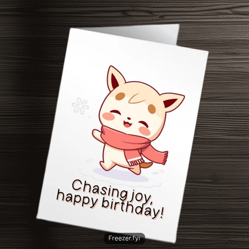 Funny Free Printable Birthday Card: character chases a snowflake, a whimsical and humorous downloadable gift for birthday wishes.