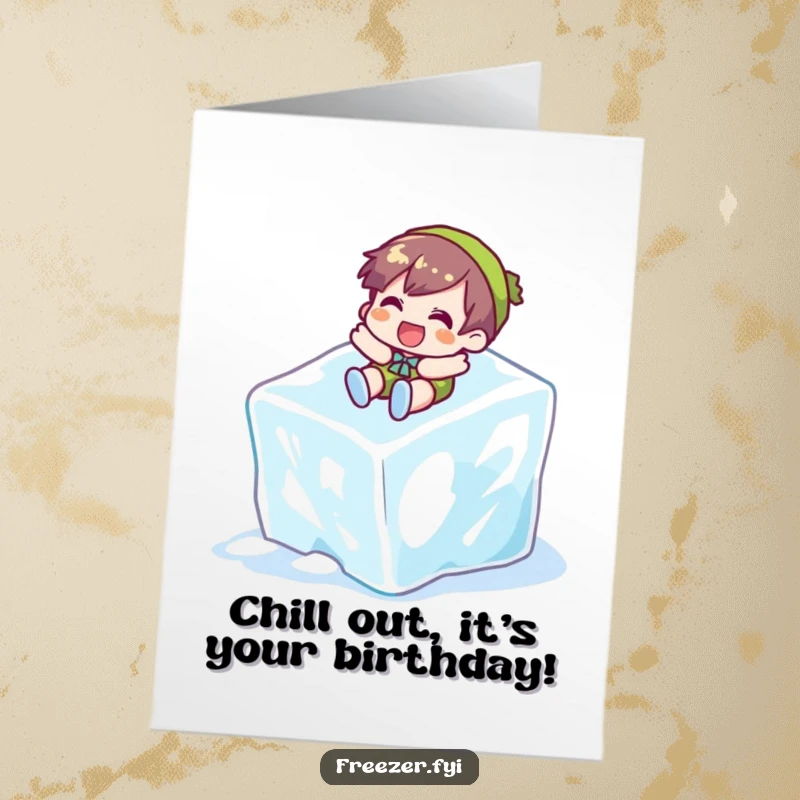 Funny Free Printable Birthday Card: Character gleefully slides down a giant ice cube, celebrating birthdays with cool, downloadable humor.
