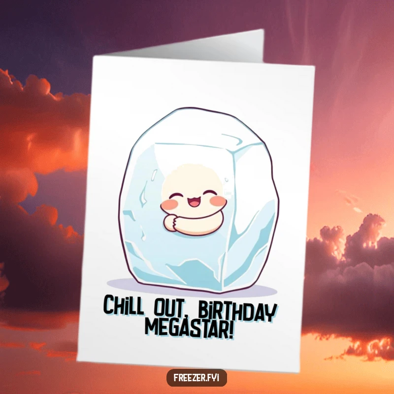 Funny free printable birthday card: a small, round character joyfully hugging a large ice cube.
