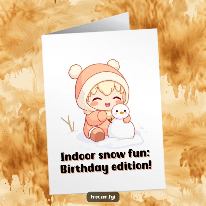 Funny Free Printable Birthday Card: Character gleefully building a small snowman indoors, looking mischievous and ready for winter fun.