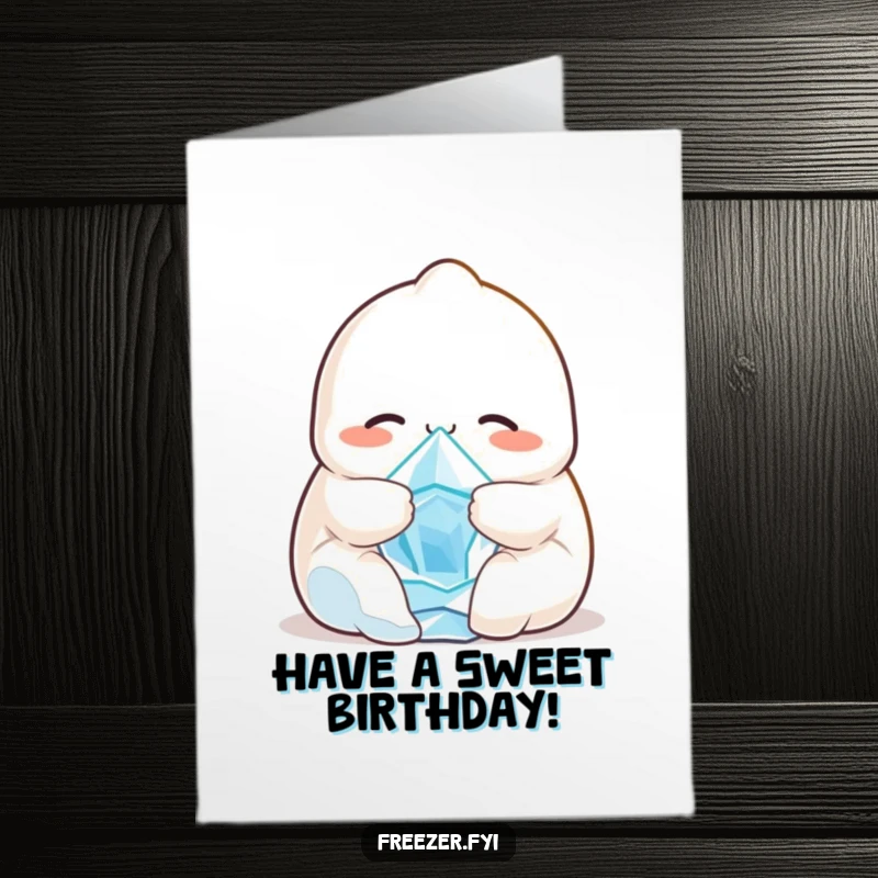 Funny Free Printable Birthday Card: Smiling dumpling character warmly cuddling a tiny, shivering ice crystal, spreading birthday warmth.