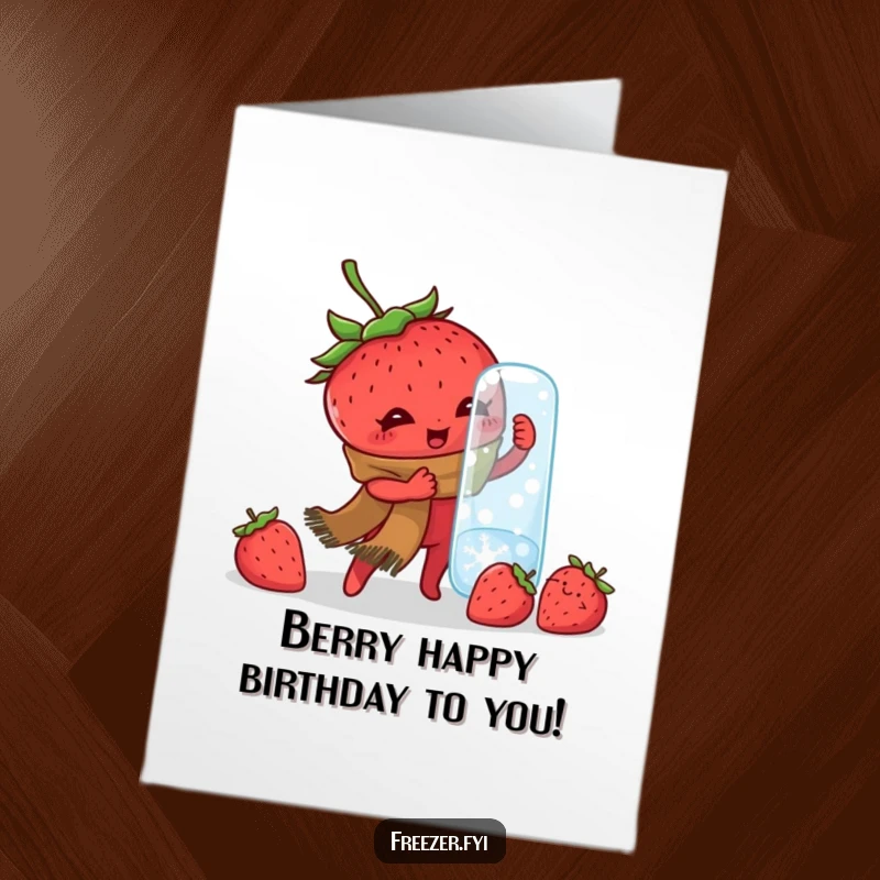 Funny Free Printable Birthday Card: A scarf-clad strawberry determinedly tries to twist open an icy jar