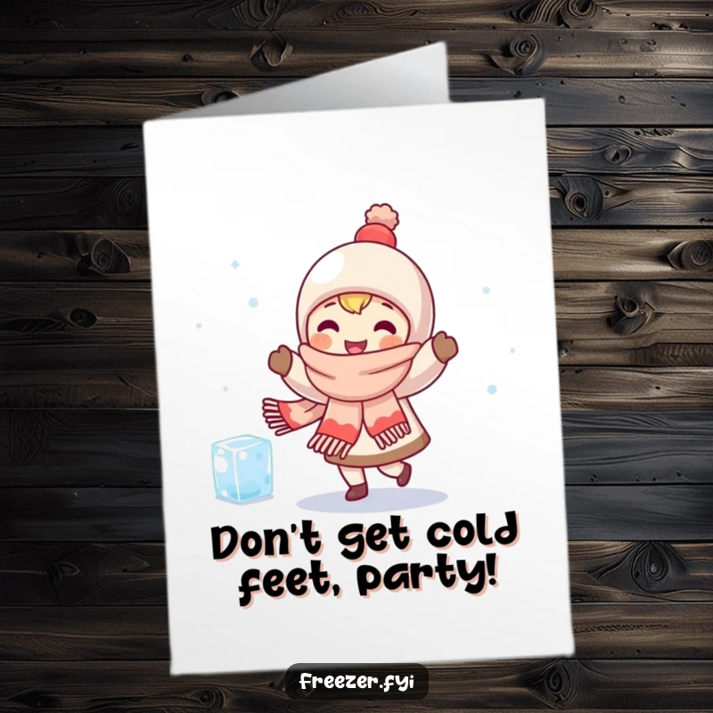 Funny Free Printable Birthday Card: Character in scarf dancing happily with a shivering ice cube. Whimsical winter friendship.