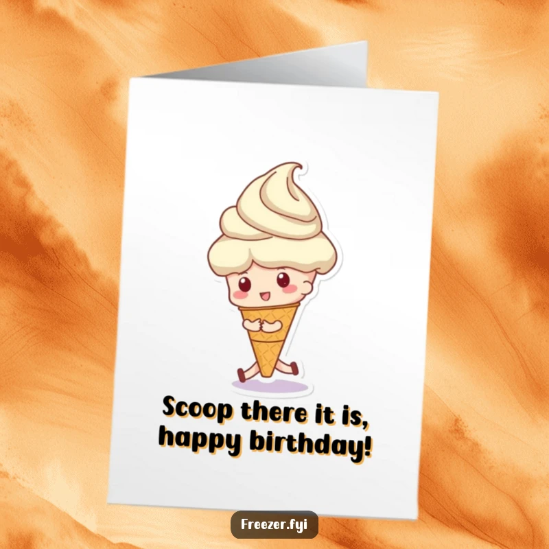 Funny Free Printable Birthday Card: A character joyfully pushes a comically oversized scoop of ice cream, ready for a sweet treat.