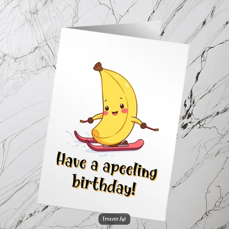 Funny Free Printable Birthday Card: A joyful banana peel wearing tiny skis glides down a snowy hill