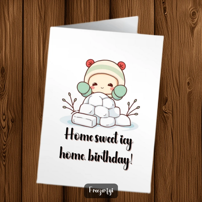 Funny Free Printable Birthday Card: character in mittens builds igloo, a cute and humorous downloadable gift for birthday wishes.