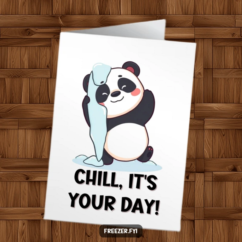Funny Free Printable Birthday Card: A playful panda struggling to hug a giant, cold icicle, adding humor to the celebration.