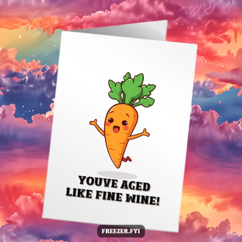 Funny Free Printable Birthday Card: A cheerful carrot stick character caught mid-air in a surprised, joyous jump for a birthday.