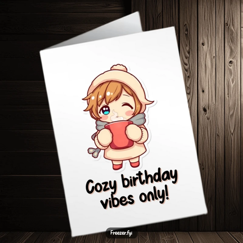 Free Printable Birthday Card: Cozy character in mittens holding a steaming mug, a warm and inviting downloadable.