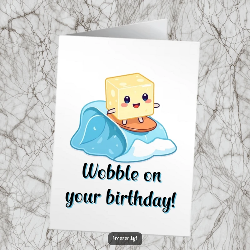 Funny Free Printable birthday card: a wobbly jelly cube surfing a tiny frozen wave, a hilariously unique greeting.