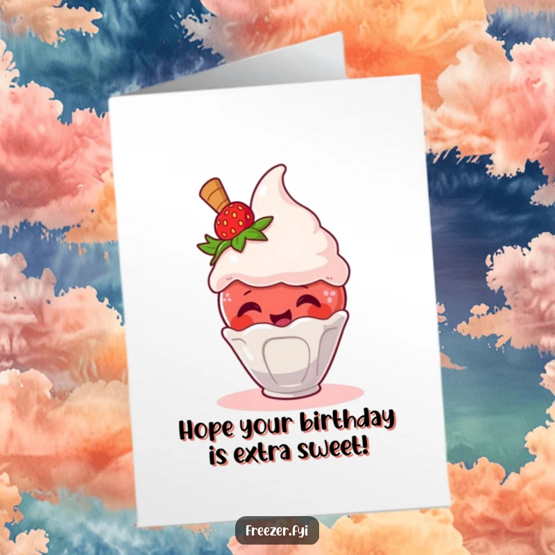 Funny Free Printable Birthday Card: A giggling strawberry escapes an ice cream scoop, full of birthday cheer.