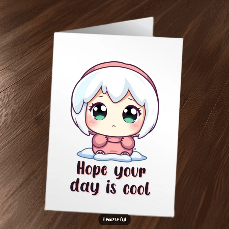 Funny Free Printable Icicle Birthday Card: Wide-eyed character marvels at a glowing icicle, perfect for winter birthdays. Downloadable.