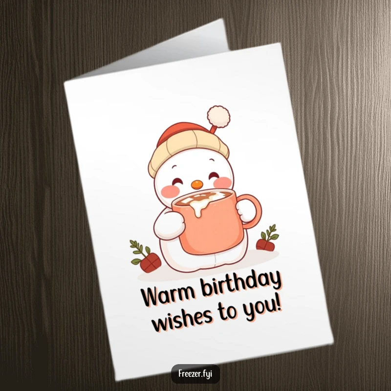 Funny Free Printable Birthday Card: Content snowman character happily sipping hot cocoa from a large mug.