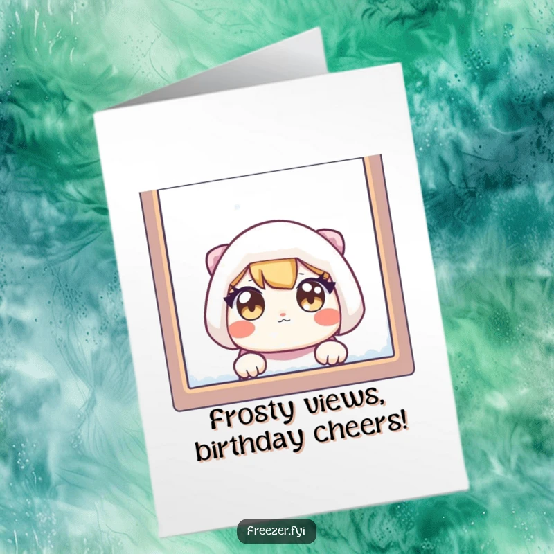 Funny Free Printable Birthday Card: Wide-eyed character peeking through a frosty window, ready to surprise.