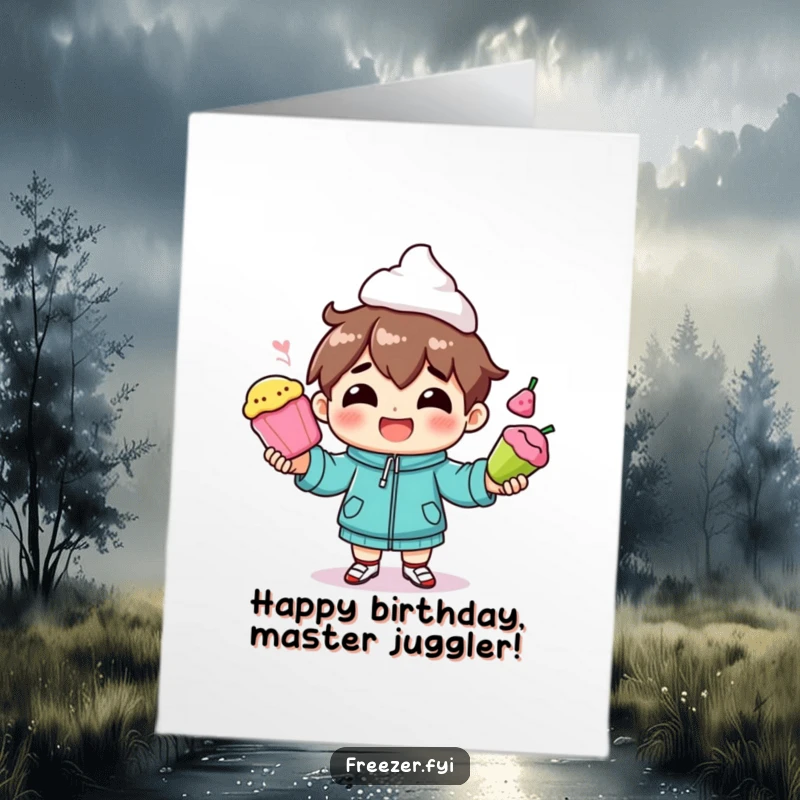 Funny free printable birthday card: a smiling character expertly juggling various colorful frozen food items.