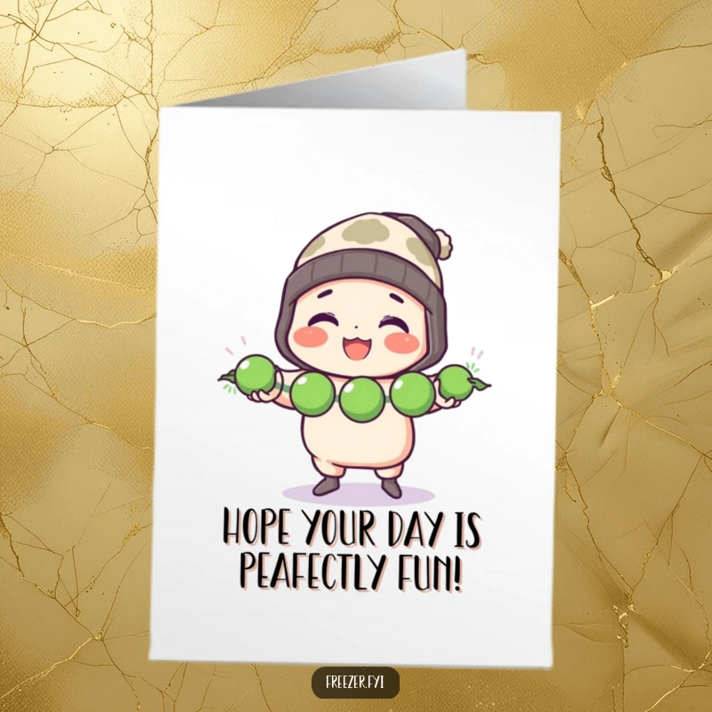Funny Free Printable Birthday Card: Chef Character in Toque Cheerfully Juggling Three Frozen Peas, Culinary Comedy