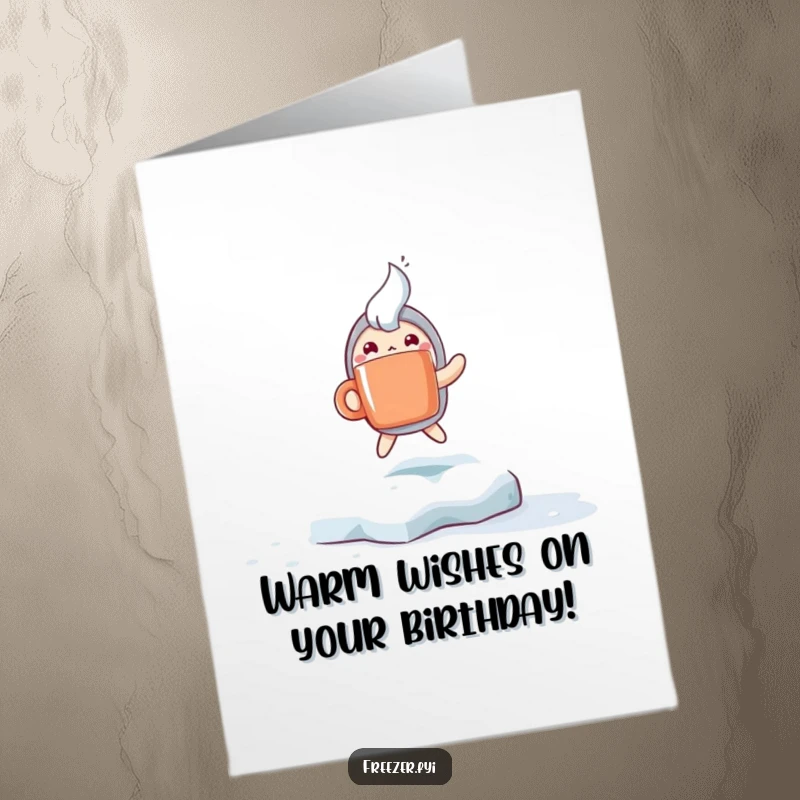 Funny Free Printable Birthday Card: Character with Steaming Mug Hopping Excitedly on Frost, Joyful Celebration Art