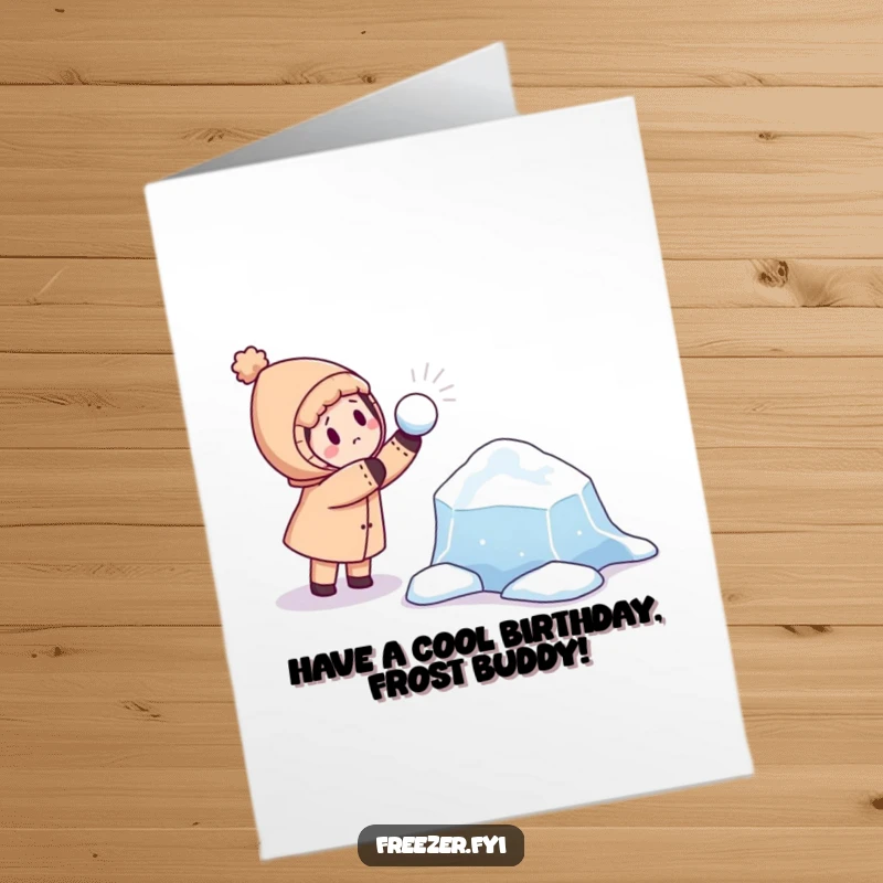 Funny Free Printable Birthday Card: Character Throwing a Snowball at a Floating Ice Floe, Playful Winter Scene