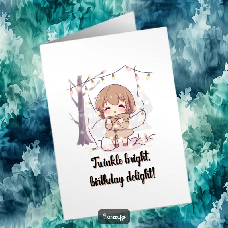 Funny free printable birthday card: a character tangled adorably in fairy lights in a cold, frosty environment.
