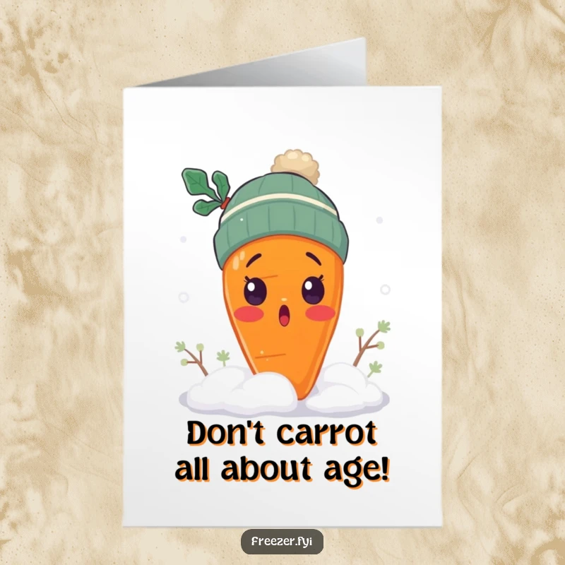 Funny Free Printable Carrot Birthday Card: A surprised carrot in a winter hat shivers in the snow.
