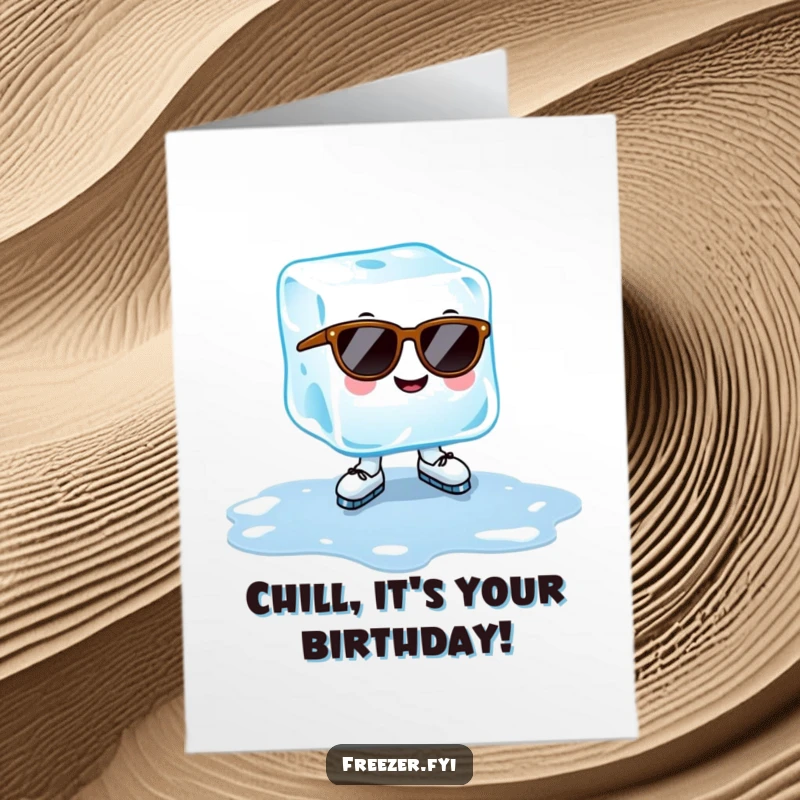 Funny Free Printable Ice Cube Birthday Card: A cheerful ice cube in sunglasses skates on a puddle.