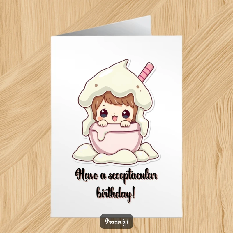 Funny Free Printable Birthday Card: Character peeks from an overflowing ice cream tub, celebrating birthdays with sweet, downloadable joy.