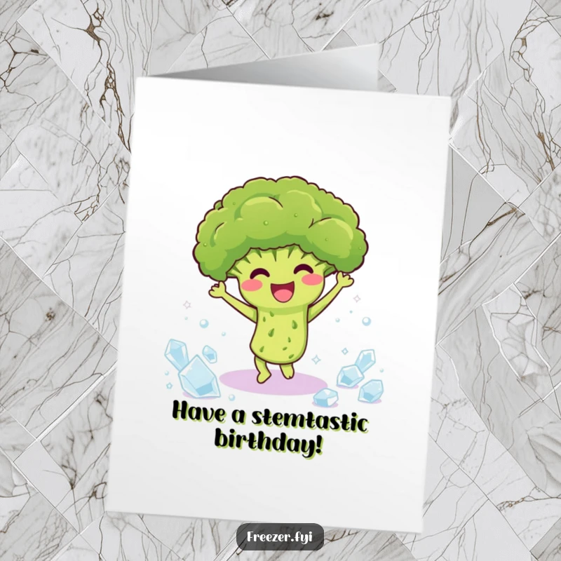 Funny Free Printable Birthday Card: A delighted broccoli character dances happily amidst sparkling ice crystals.
