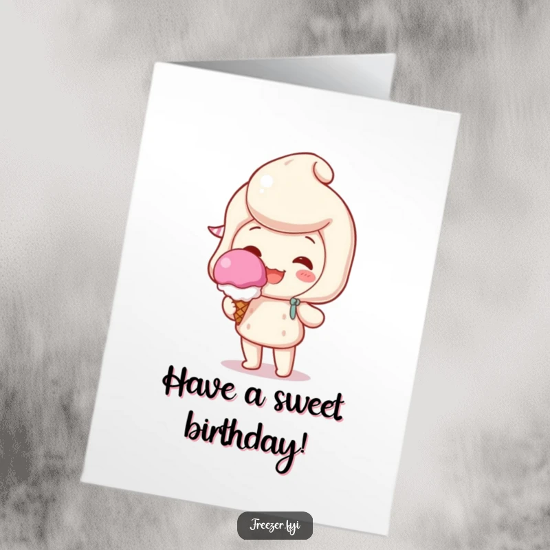 Funny Free Printable Birthday Card: A happy character joyfully holding a single, perfect scoop of ice cream, celebrating a sweet birthday.