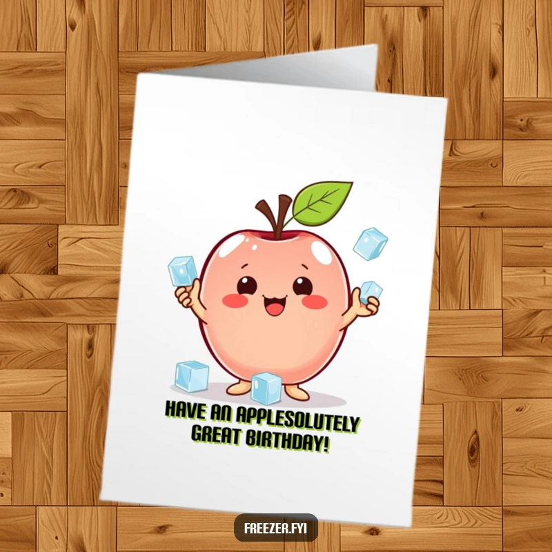 Funny Free Printable Birthday Card: A proud apple character skillfully juggles tiny ice cubes.